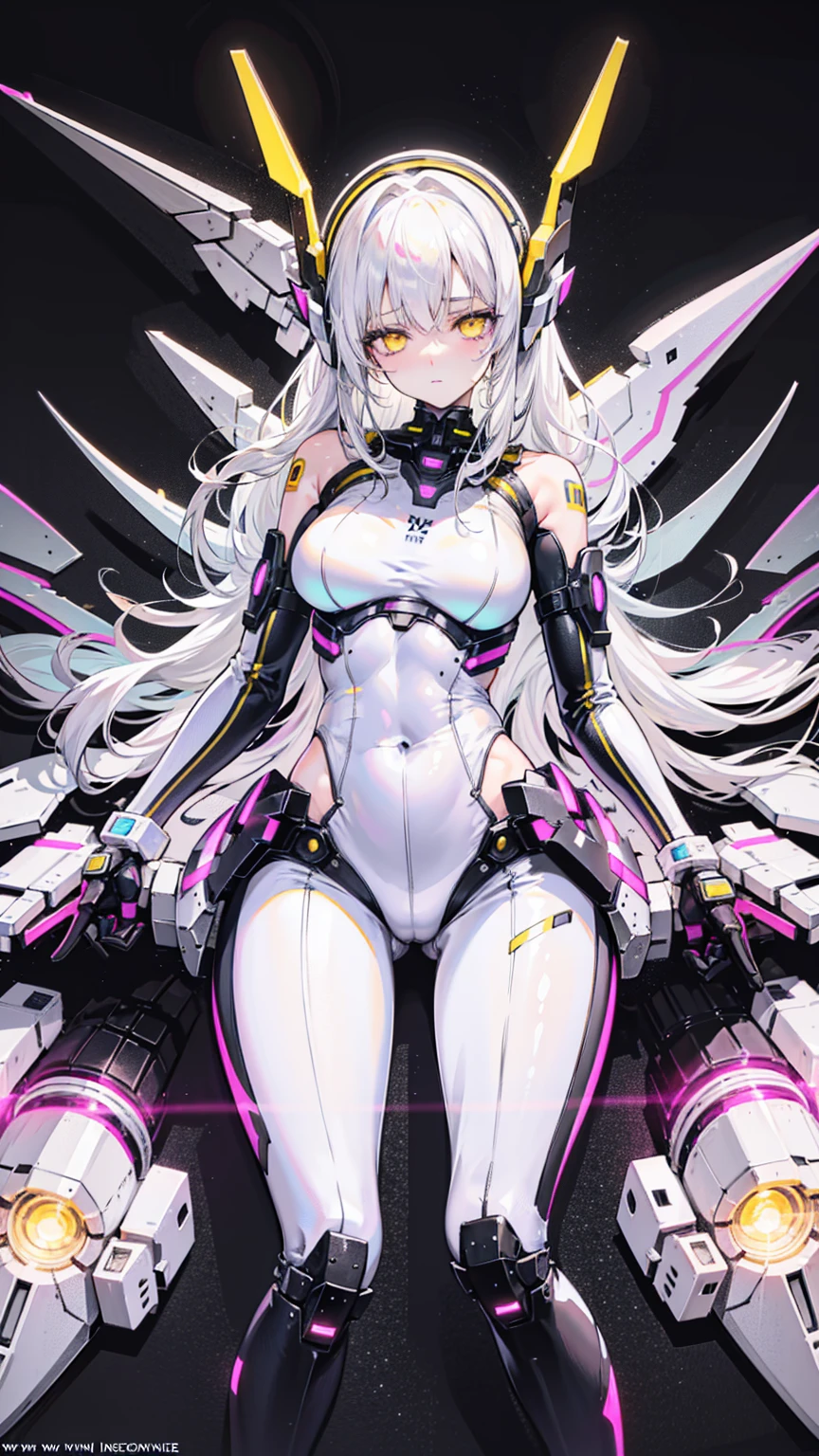 beautiful, Miss, Sexy face, Yellow eyes, White hair, slim, Sexy pose, Pink tights, Mecha, Neon, Lead Night City, Look from above, high quality, Practical, Beautiful light, fulldetail, black background