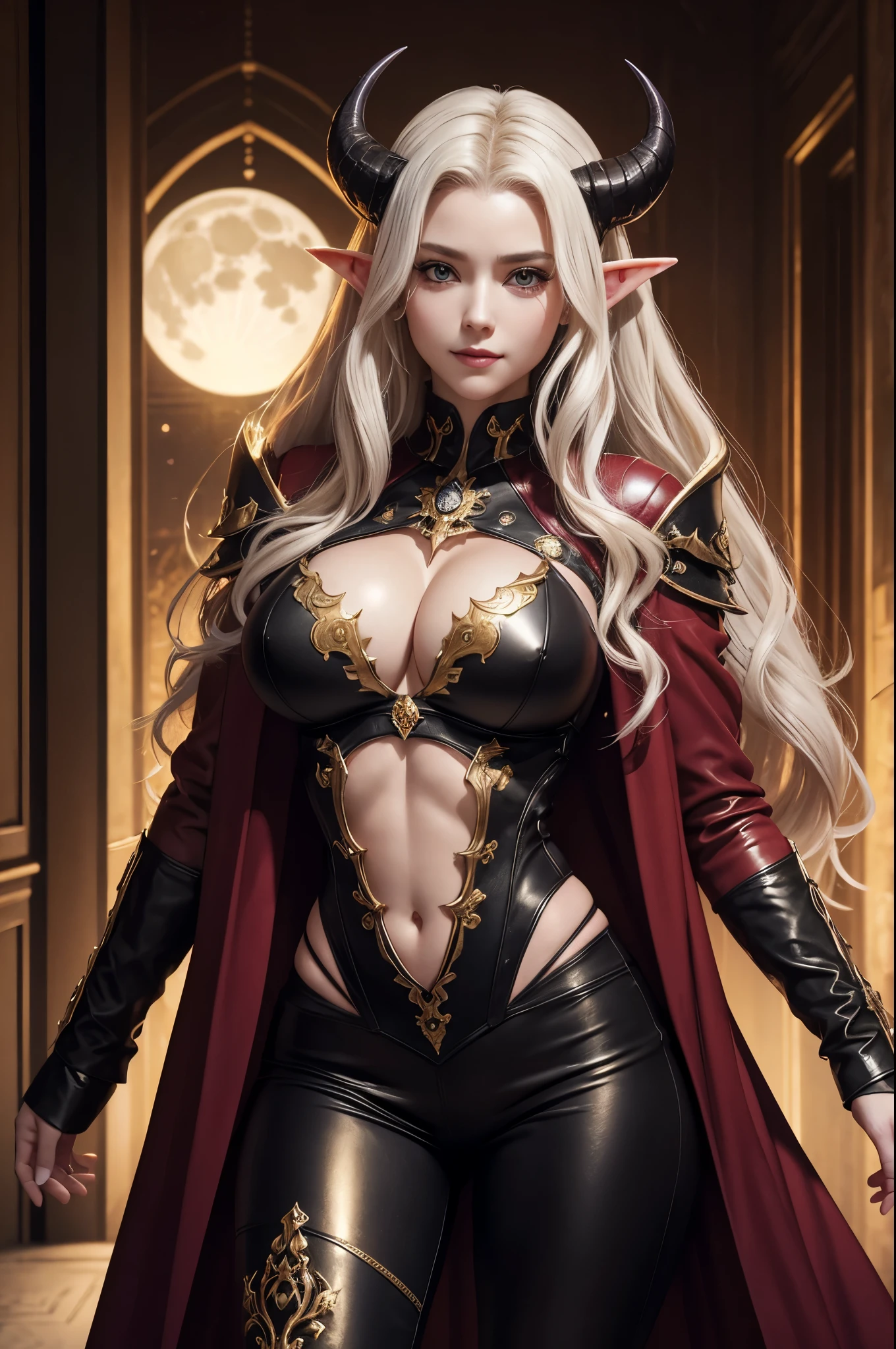 8k,White curly hair with vampire fangs,Close-up of a queen with very large breasts(Ultra-realisticな肌), so beautiful(Like the real thing),Elf Ears,2. 5D CGIファンタジーアートワーク,Portrait of the Queen of the Underworld, Highly detailed art gems, Types of bacteria ; 3D Unreal Engine, demon queen, Big blow Loss Draw, Up to the model | Types of bacteria, Beautiful Succubus Surreal Exact details,Ultra-high resolution,Ultra-realistic,Gorgeous black and gold pants,Sexy Costumes,Intricately crafted demon crest,A muscular and slim macho man,Muscular, slim-legged macho man,Rich colors, Backlight, Cinema Lighting, Film Grain, 50mm lens, Nikon D850,Ultra-high resolution,Ultra-realistic,compensate,Super sexy,smile,The abdominal muscles are strongly defined,Big eyes,Very large breasts,whole body muscular,,Super is the moon 8 Strong abdominal muscles,Dark purple eyeshadow,God of,Dark Purple Rouge,Sharp eyes,Golden Eyes,Red devil horns,Top view,close,Very large breastsの谷間を強調する,Gorgeous red and black long coat(Leather goods),