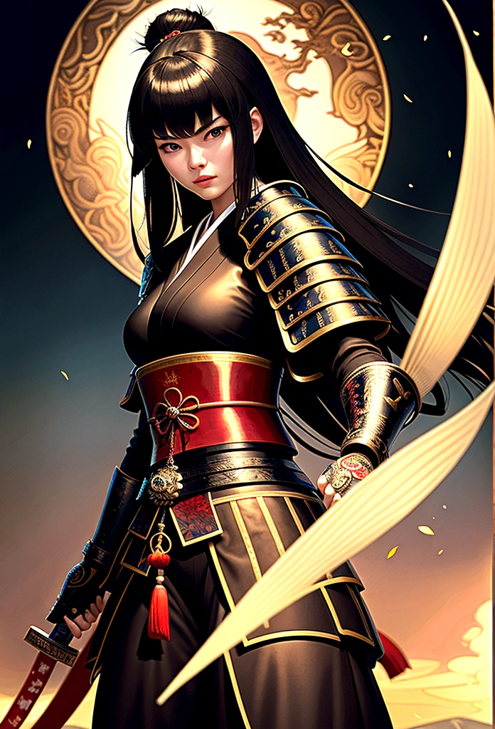 a picture of Japanese female samurai, she has long black hair, wearing samurai armor, armed with a katana, ready for battle, dynamic angle,, Japanese fantasy art, Japanese temple background, (Masterpiece: 1.5), 16k, highres, best quality, high details, ultra detailed, masterpiece, best quality, (extremely detailed), arafed, dnd art,