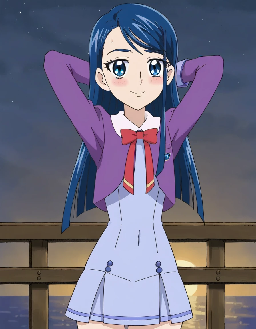 minazuki karen, long hair, blue hair, blue eyes, eyebrows,
, purple jacket, cropped jacket, red bowtie, blue dress, short dress, pleated dress, high quality, solo, 1girl, night sky, beach, arms behind head, contrapposto, closed mouth, spread armpits, (cowboy shot:1.5), looking at viewer, nervous, smile, best quality, blushing,