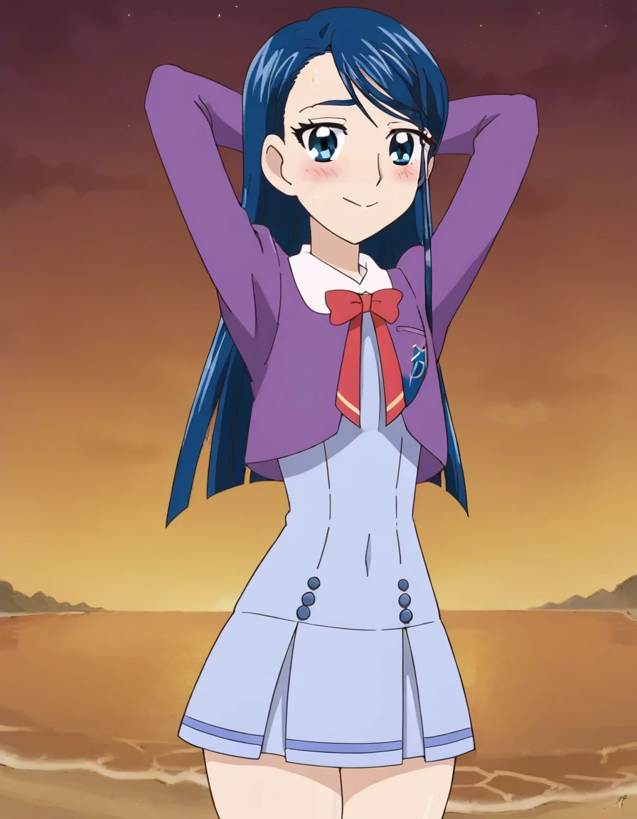 minazuki karen, long hair, blue hair, blue eyes, eyebrows,
, purple jacket, cropped jacket, red bowtie, blue dress, short dress, pleated dress, high quality, solo, 1girl, night sky, beach, arms behind head, contrapposto, closed mouth, spread armpits, (cowboy shot:1.5), looking at viewer, nervous, smile, best quality, blushing,