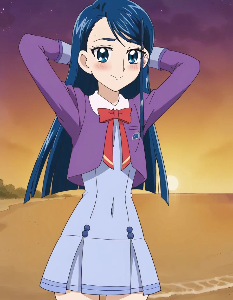 minazuki karen, long hair, blue hair, blue eyes, eyebrows,
, purple jacket, cropped jacket, red bowtie, blue dress, short dress, pleated dress, high quality, solo, 1girl, night sky, beach, arms behind head, contrapposto, closed mouth, spread armpits, (cowboy shot:1.5), looking at viewer, nervous, smile, best quality, blushing,