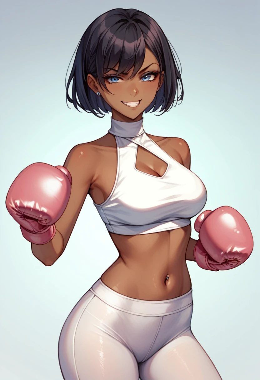 2D anime picture, (anime style 1), single female arrogant boxer, , sadistic, Japanese, smirks at the viewer, beautiful long black hairstyle, dark skin in white high neck crop top, in white leggings, in pink boxing gloves стоит возле боксёрском ринге, in empty gym, night