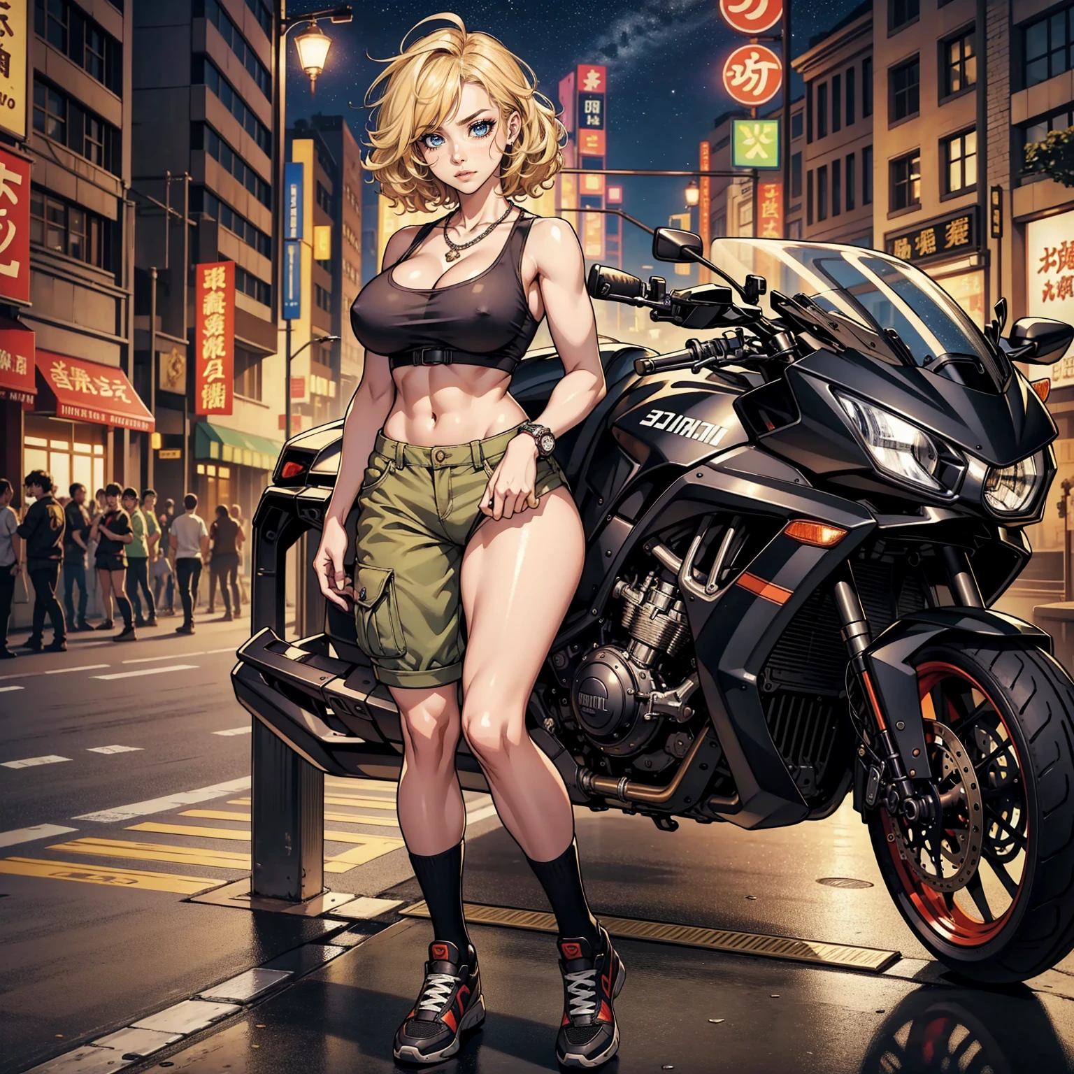 Masterpiece, Ultra extremely detailed, Insanely Definition - quality, 8k, (vibrant colors,vibrant theme), (intricate), full body , NSFW 1girl, full body, short curly blonde hair, muscular, very large, very defined body, big breasts, small waist, big ass, Streetwear, cargo pants, necklace, taiwan, street, night, depth of field, light eyes, big beautiful eyes, extremely detailed eyes,