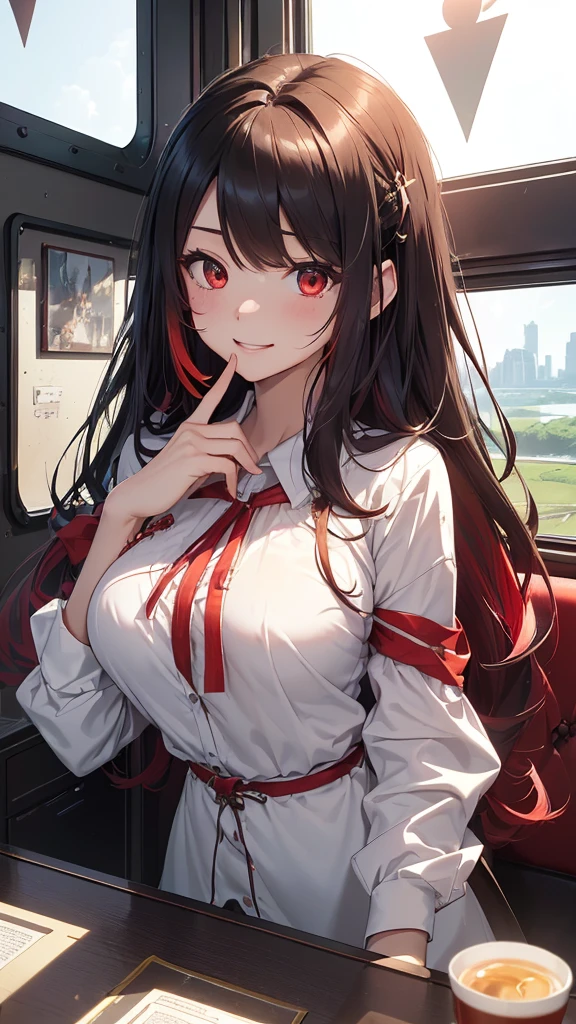 最high quality、Best image quality、masterpiece、girl((20-year-old、 By becoming、Best Bust、Medium Bust,Wide open breast tea、red glowing eyes, Black and red hair、Disheveled Hair、Long Hair、thin,The highest valley、white long shirt、Open chest、White wristband、smile、Leaning forward、hair ornaments、Side angle、Lointail、Looking at smartphone)),high quality、Beautiful art、background((Modern train、Window、Light of the sun))、Flight、Flying debris、Written boundary depth、movie、Visual Arts、Perfect art、8K,Genuine、