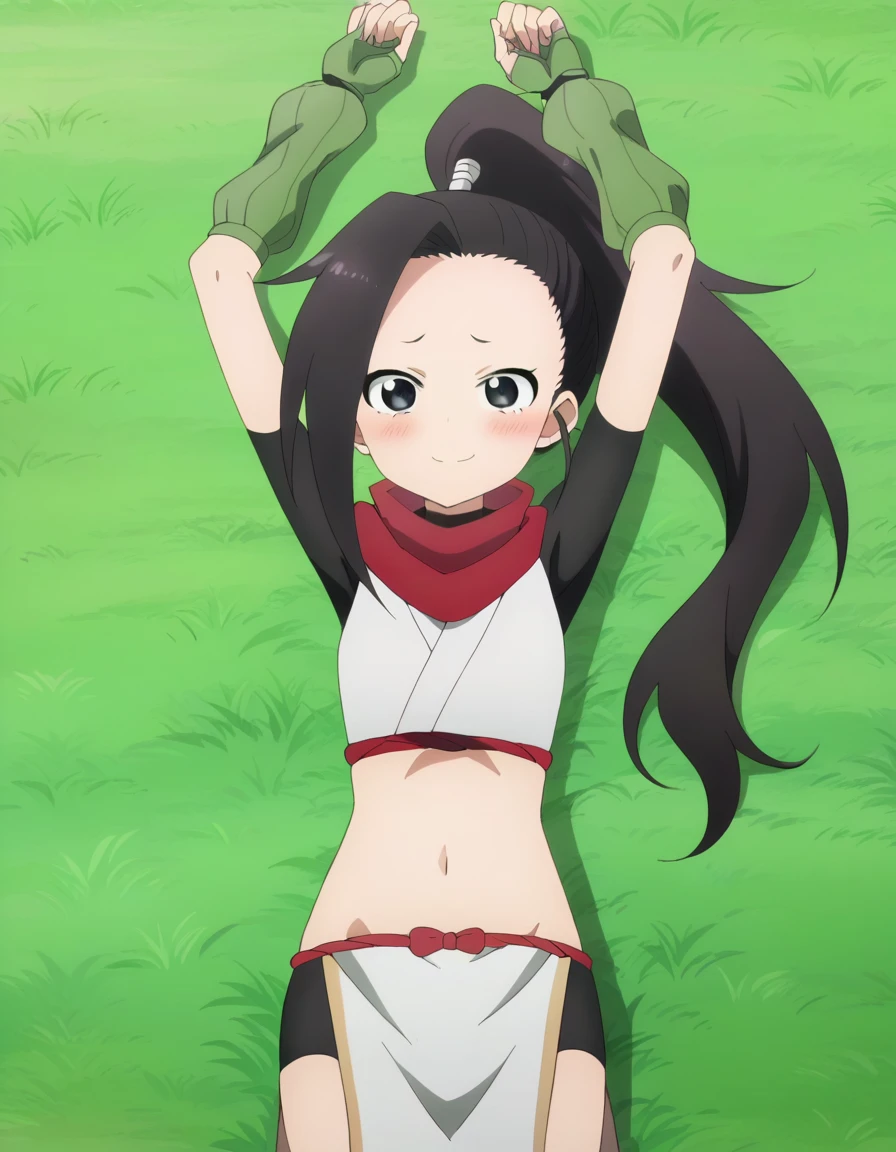  anime coloring, anime screencap, source_anime, anime,uncensored ,BREAK1girl,kunotsubaki, black eyes, black hair, long hair, asymmetrical bangs, forehead, high ponytail, ponytail,shirt, navel, red scarf, scarf short sleeves, pelvic curtain, shorts, green gloves, arm warmers, fingerless gloves,  BREAK, high quality, solo, lying, on back, arms up, spread arms, closed mouth, on grass, (cowboy shot:1.5), looking at viewer, nervous, smile, best quality, blushing, center,