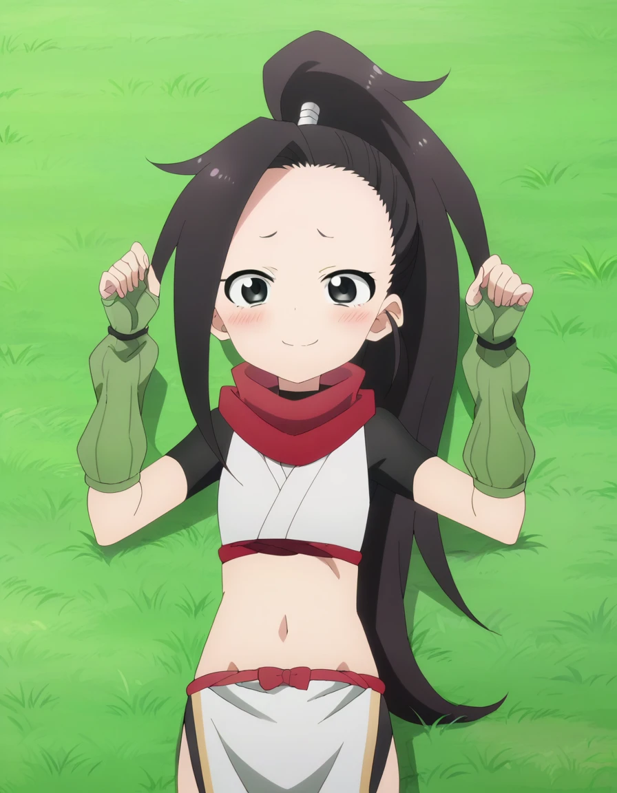  anime coloring, anime screencap, source_anime, anime,uncensored ,BREAK1girl,kunotsubaki, black eyes, black hair, long hair, asymmetrical bangs, forehead, high ponytail, ponytail,shirt, navel, red scarf, scarf short sleeves, pelvic curtain, shorts, green gloves, arm warmers, fingerless gloves,  BREAK, high quality, solo, lying, on back, arms up, spread arms, closed mouth, on grass, (cowboy shot:1.5), looking at viewer, nervous, smile, best quality, blushing, center,