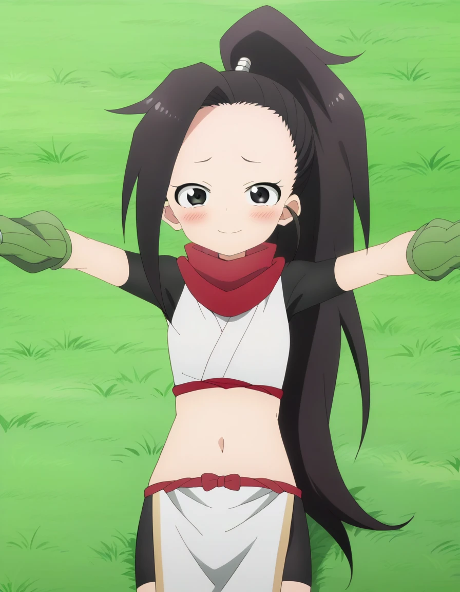  anime coloring, anime screencap, source_anime, anime,uncensored ,BREAK1girl,kunotsubaki, black eyes, black hair, long hair, asymmetrical bangs, forehead, high ponytail, ponytail,shirt, navel, red scarf, scarf short sleeves, pelvic curtain, shorts, green gloves, arm warmers, fingerless gloves,  BREAK, high quality, solo, lying, on back, arms up, spread arms, closed mouth, on grass, (cowboy shot:1.5), looking at viewer, nervous, smile, best quality, blushing, center,