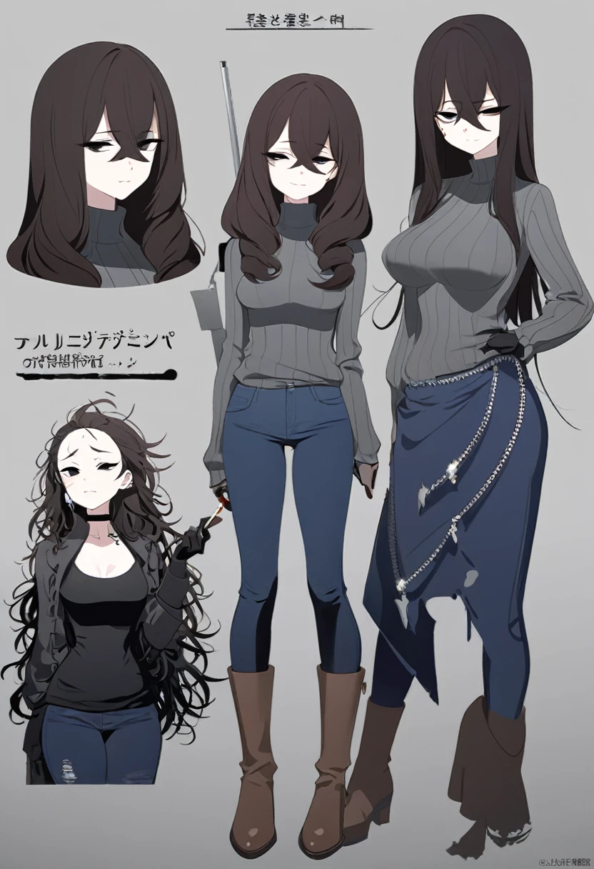 One Woman,Downer,older sister,Concept Art,Dark brown hair,Straight hair with slight inward curls,Staring eyes,Eye Ridge,black eye,Crossed bangs,whole body,smile,Slightly larger breasts,Gray background,Bangs that reach down to the eyes,Messy hair,Tight dark jeans,Gray turtleneck sweater,Multiple views of the same character,Character Design,Dark circles under the eyes,Bad look,Listless,Sloppy,Silver Jewelry,Cafe staff,Holding a cigarette,whole bodyCharacter Design,Detailed hands,Height: 170cm,boots,Fleshy body,