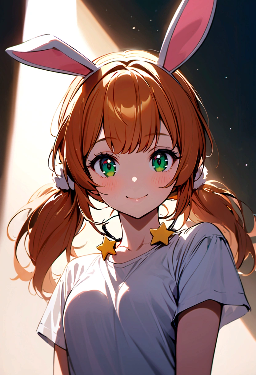 A young beautiful woman with orange hair and bunny ears, emerald green eyes, slightly curly bangs and two ponytails with two stars pins abover her head,she wears a white t-shirt with a yellow headset hanging on her neck,while she smiles
