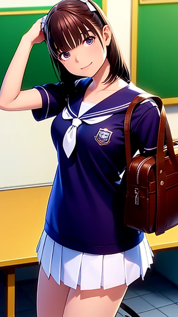 highest resolution, 8K ,Best Quality, high detailed, semi-realistic anime, Anime 3D Style, Smooth Anime CG,1 girl in,14year old woman in Japan, slim, modeled, shiny chestnut hair, Medium Hair, school Sailor Suit, open clothes, show bra,  Junior High, Short sleeve, Navy blue mini skirt, White knee-high socks, Black leather shoes, School bag, in the school classroom, smile, Facing forward, 