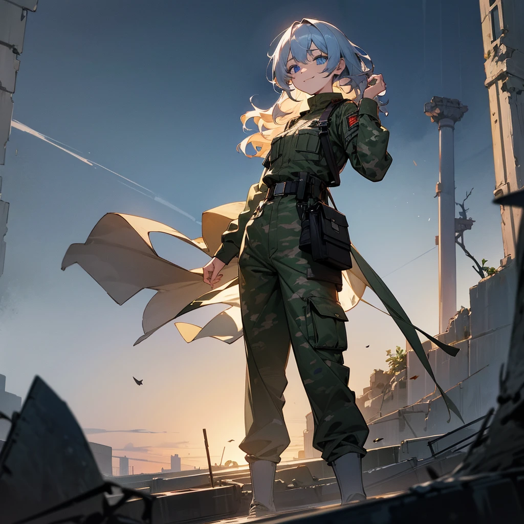 1female, adult, finely detailed blue eyes, wavy medium hair, pale orane hair, baggy army camo combat pants, standing on ruined building, night time, happy expression, scars, sunglasses