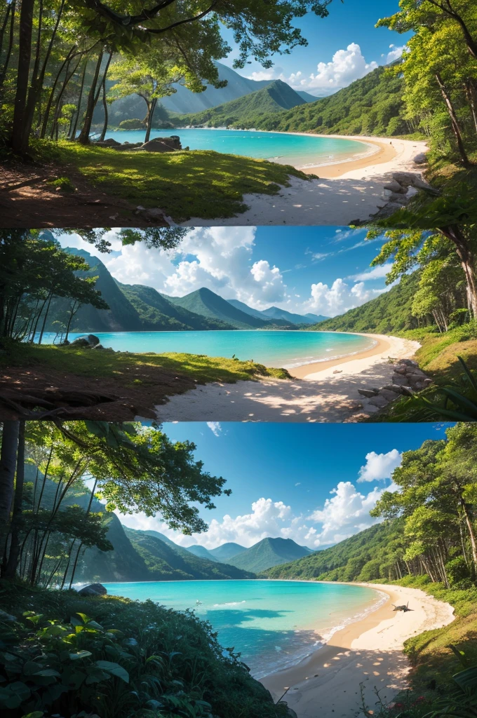 Create 4K images of ultra-realistic natural landscapes. Each image should capture the essence of different environments: a dense forest with tall trees and soft light filtering through the leaves; a tropical beach with white sand, crystal-clear waters, and a vibrant sunset; snow-covered mountains with a clear blue sky; and a blooming spring field with colorful flowers gently swaying in a light breeze. The images should have sharp, realistic details, vivid colors, and an immersive atmosphere."