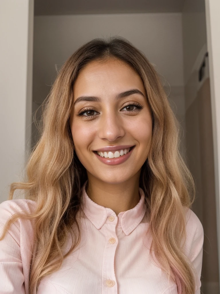 28YO, one women, cute smile, white teethes, Arab, from Jordan, long Barbie pink shirt, light brown eyes