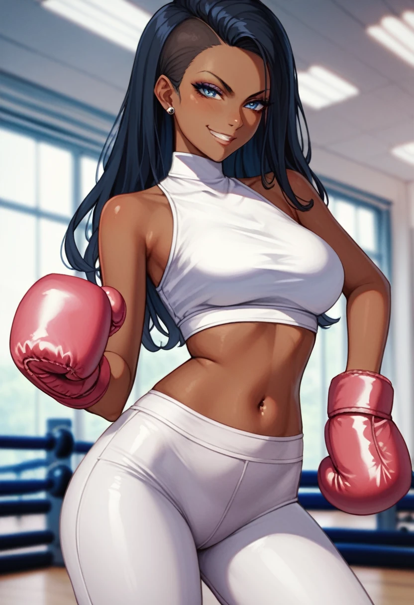  2D anime picture, (anime style 1), single school girl, 10 years old, sadistic, Japanese, smirks at the viewer, beautiful long black hairstyle, dark skin in white high neck crop top, in white leggings, in pink boxing gloves стоит возле боксёрском ринге, in empty gym, night 