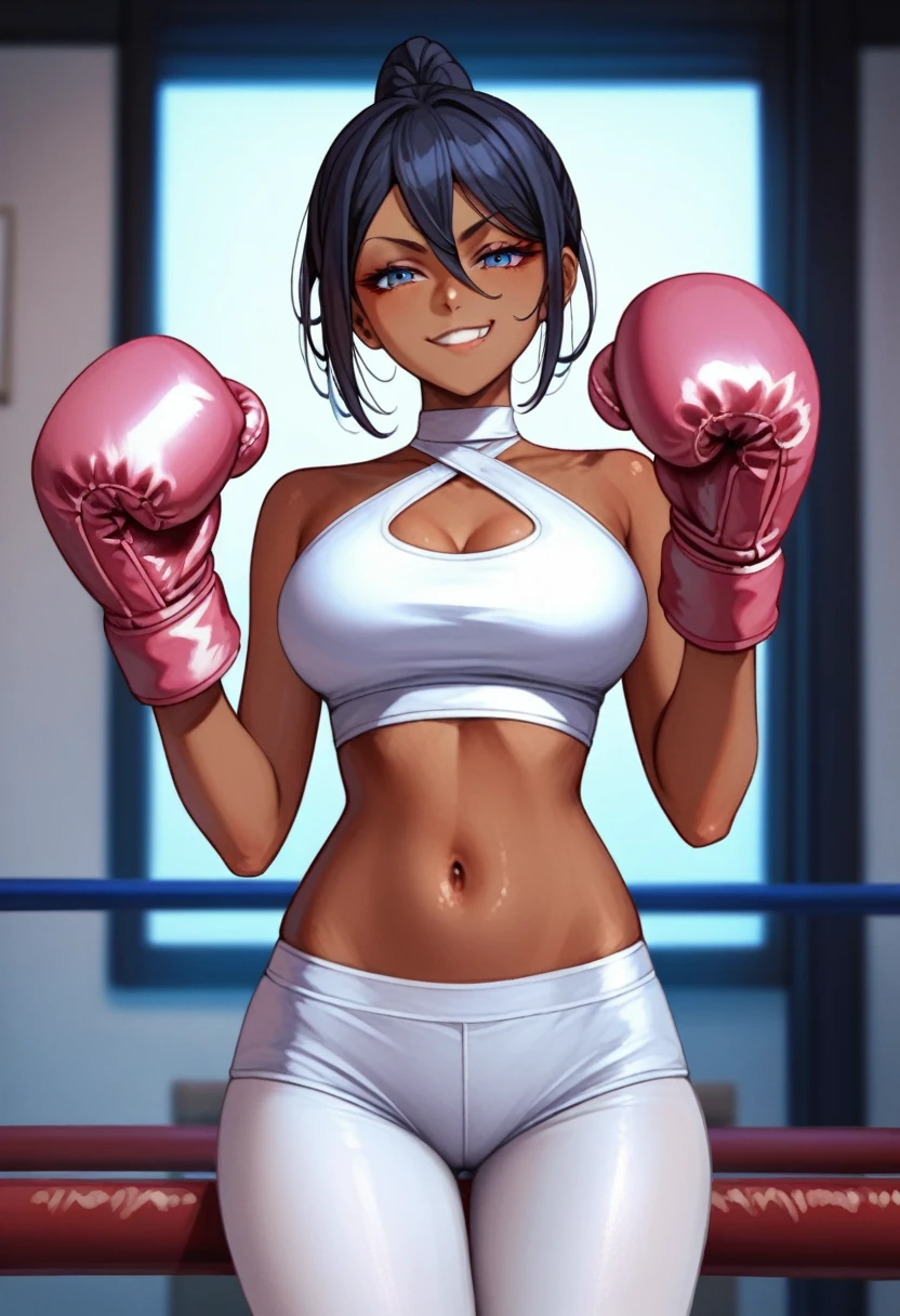  2D anime picture, (anime style 1), single school girl, , sadistic, Japanese, smirks at the viewer, beautiful long black hairstyle, dark skin in white high neck crop top, in white leggings, in pink boxing gloves стоит возле боксёрском ринге, in empty gym, night 