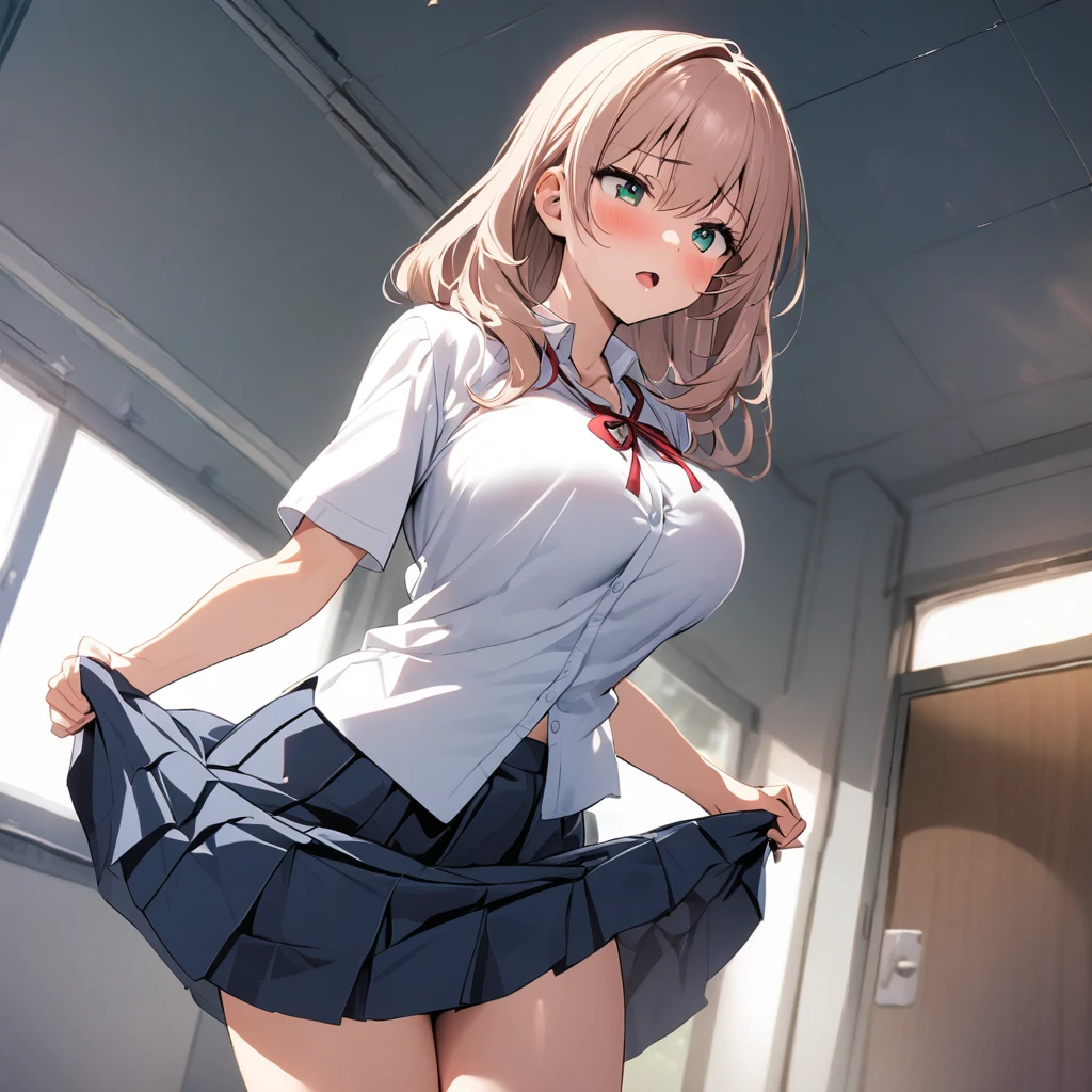 (Highest qualityのイラスト:1.2), (pretty girl:1.1), (1 girl、17 years old、Highest qualityのイラスト:1.2), (1 girl、slightly bigger eyes、blue eyes)、Blonde、Semi-long hair、Mature、Beautiful breasts、(Highest quality、Very detailed、Ultra-high resolution) 、High School Uniform{White Sailor Suit、Short sleeve、Pleated skirt with red plaid pattern), from below, School stairs
