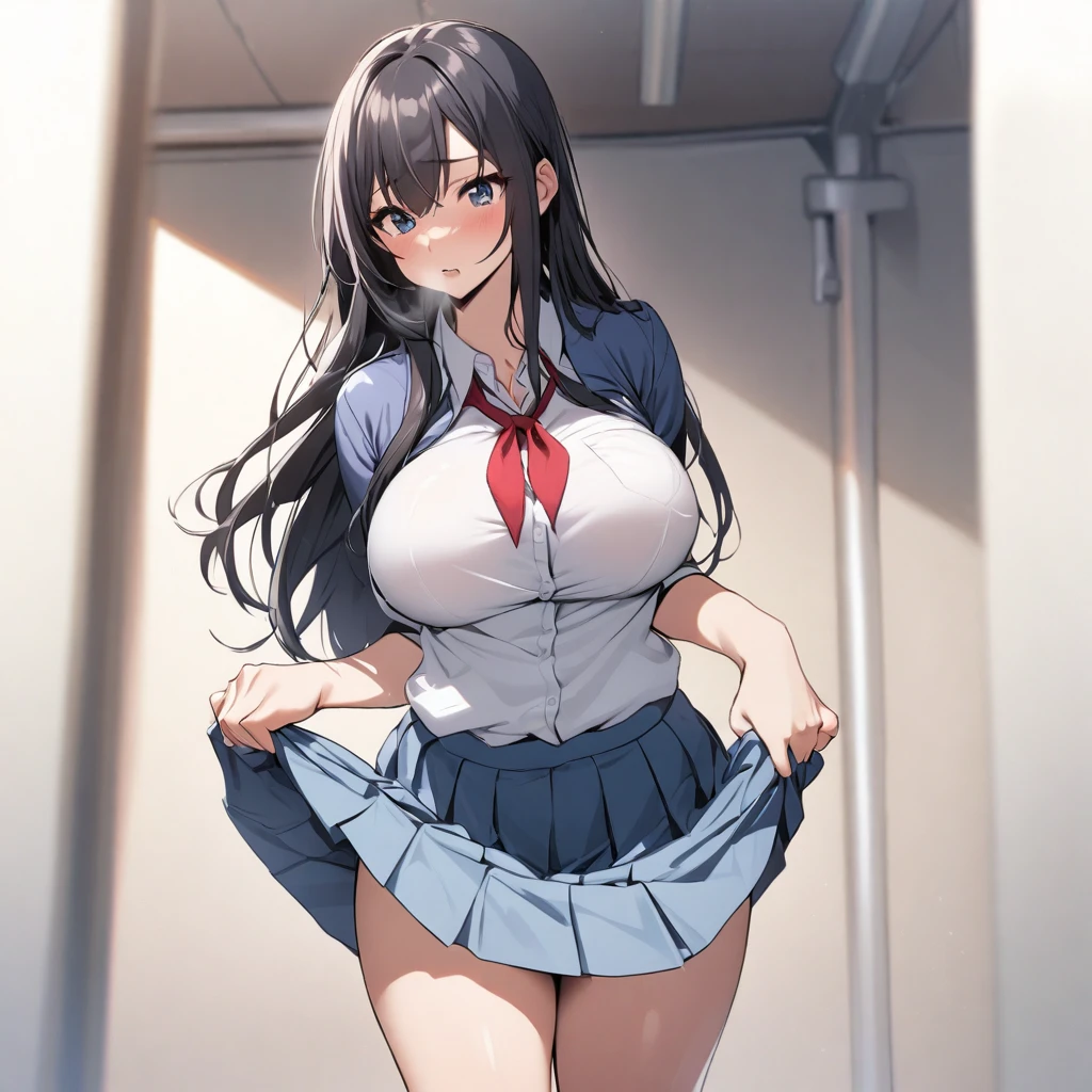 Girl, school clothes, lifting skirt, busty