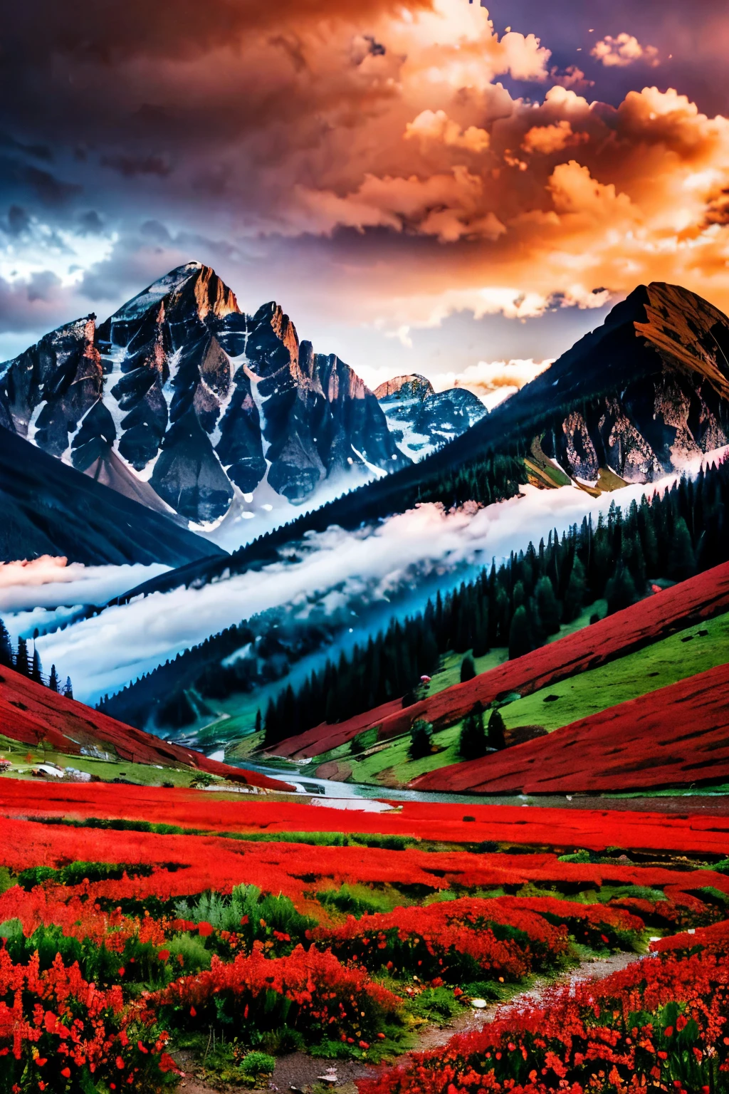 A landscape with red flowers on the ground, mountains in the background and rainy weather