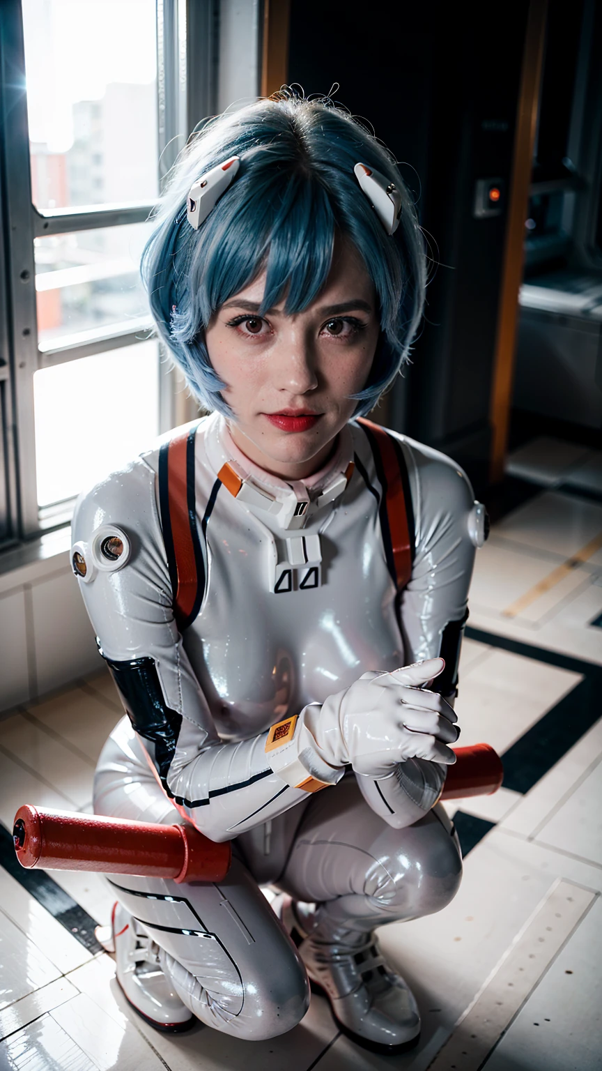 (masterpiece), (best quality), (red eyes), (epiCRealLife), (red lipstick), (j4nu4ryj0n3s) (young woman), (European Model), (Plugsuit), (ayanami_rei plugsuit), interface headset, white bodysuit),(white gloves) (red eyes), (blue hair), (medium breasts),(flash photography), (natural lights), (ample lights),( light smile), (pose for picture), (white gloves), (light smile),  (lying on the space bed), (space station lobby), (squatting poses), (spaceship cockpit), (galaxy scenery), 