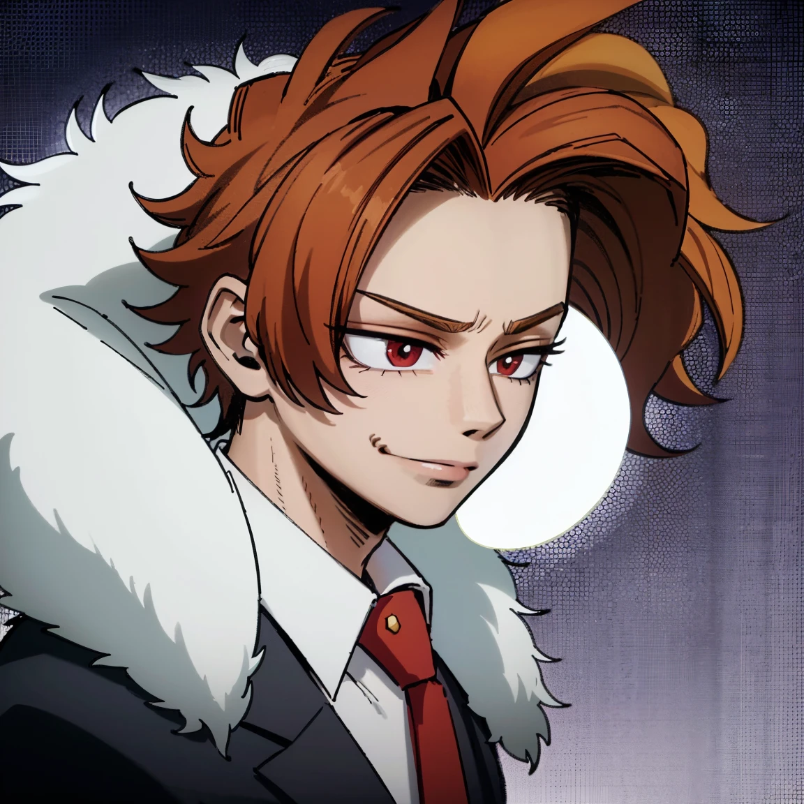1boy, male focus, boku no hero academia, masterpiece, best quality, very aesthetic, absurdres, short curly hair, orange hair, magenta eyes, smirk, gray jacket, red tie, white shirt, teal pants, boots
