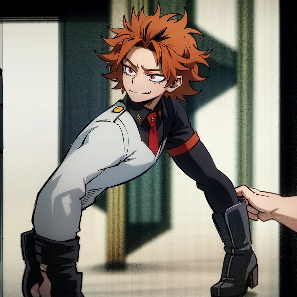1boy, male focus, boku no hero academia, masterpiece, best quality, very aesthetic, absurdres, short curly hair, orange hair, magenta eyes, smirk, gray jacket, red tie, white shirt, teal pants, boots 