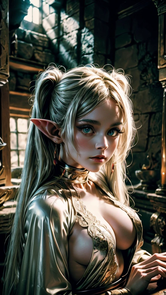 In realistic photo of high quality and detail, Frieren (Sousou no Frieren), dark fantasy, retro movie style, european, A petite elf girl with green eyes, thick eyebrows and long white hair parted in the middle and braided into two high pigtails. She has large pointed elf ears, 1girl, Depth & Perspective, she's wearing a white lingerie, dramatic look, fine face, indoors, she's stands in the ruins, ancient ruins on the background, daylight, looking at viewer, (very detailed face:1.4), (capricious, private study:1.3), (Ultra-high detail:1.2), Motion photography, high details, detailed and intricate, intricate details, high intricate details, Absurd amount of detail, absurdity, high resolution, (high quality:1.2, masterpiece:1.2, :1.21), Masterpiece, Best Quality, Ultra-detailed, Cinematic lighting, 8K, delicate features, cinematic, 35 mm lens, f/1.9, highlight lighting, global lighting –uplight –v 4, cinematic, (Solo Focus), (extremly intricate:1.3), (Realistic)