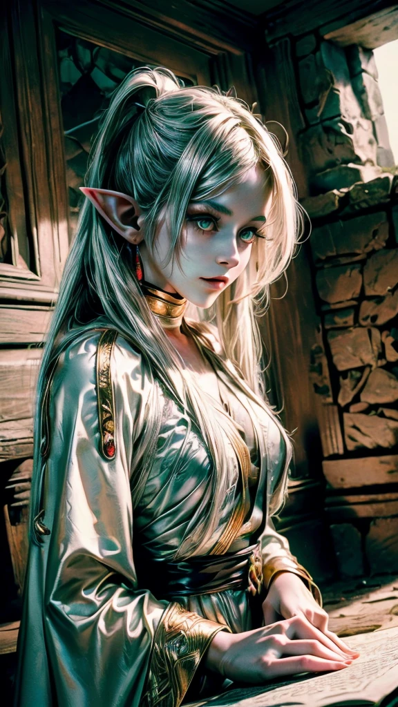 In realistic photo of high quality and detail, Frieren (Sousou no Frieren), dark fantasy, retro movie style, european, A petite elf girl with green eyes, thick eyebrows and long white hair parted in the middle and braided into two high pigtails. She has large pointed elf ears, 1girl, Depth & Perspective, she's wearing a white lingerie, dramatic look, fine face, indoors, she's stands in the ruins, ancient ruins on the background, daylight, looking at viewer, (very detailed face:1.4), (capricious, private study:1.3), (Ultra-high detail:1.2), Motion photography, high details, detailed and intricate, intricate details, high intricate details, Absurd amount of detail, absurdity, high resolution, (high quality:1.2, masterpiece:1.2, :1.21), Masterpiece, Best Quality, Ultra-detailed, Cinematic lighting, 8K, delicate features, cinematic, 35 mm lens, f/1.9, highlight lighting, global lighting –uplight –v 4, cinematic, (Solo Focus), (extremly intricate:1.3), (Realistic)