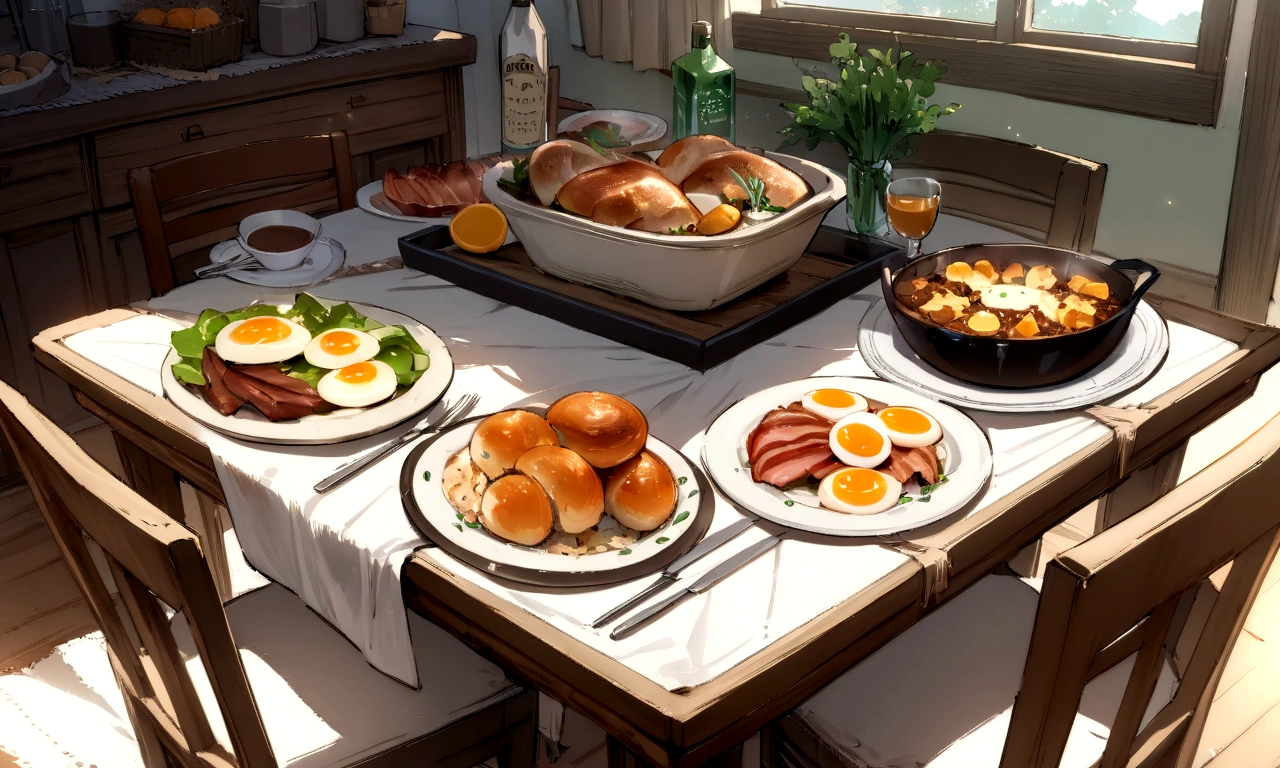 ((((masterpiece, Best Quality, High resolution)))), High detail, manga,anime,Illustrated style,Light, soft and bright colors, Rectangular square dining table,White tablecloth,White tableclothがかけられたテーブルに載せられている料理のアップ,The table top fills the entire screen, In the center of the screen, a large selection of food is displayed on a table.,A sumptuous breakfast on the table,bread,coffee,orange juice,Egg dishes,Bacon and Eggs,,,Food and tableware for six, The evening sunlight is streaming in through the window、A sparkling drink in the sunlight, No humans, RPG-like scenery, There is beer, wine and delicious food on the table., Create a magical and cozy atmosphere, Bright daytime atmosphere.