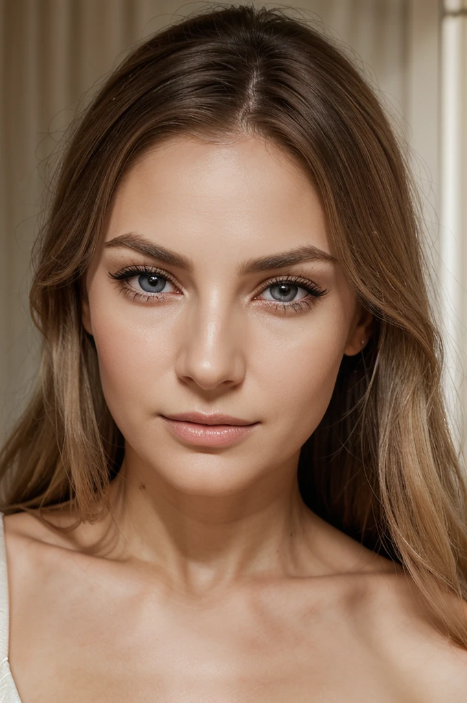 Create a hyper-realistic image of a woman's face. She has long, wavy blonde hair that falls gracefully around her shoulders. Her skin is fair, showcasing the natural signs of aging with fine lines and wrinkles. Her forehead has gentle horizontal lines, and crow's feet are visible around her striking, almond-shaped blue eyes. Her eyes are framed by long, dark eyelashes and finely arched eyebrows. She has a straight, delicate nose and high cheekbones that add definition to her face. Her lips are full and softly pink, showing slight vertical lines that come with age. Her expression is serene and wise, reflecting a lifetime of experiences. The lighting should accentuate the texture of her skin, highlighting both the smooth areas and the wrinkles, creating a lifelike appearance. She wears minimal makeup, with a touch of mascara and a nude lip gloss, enhancing her natural beauty. The background is softly blurred to keep the focus entirely on her detailed, expressive face