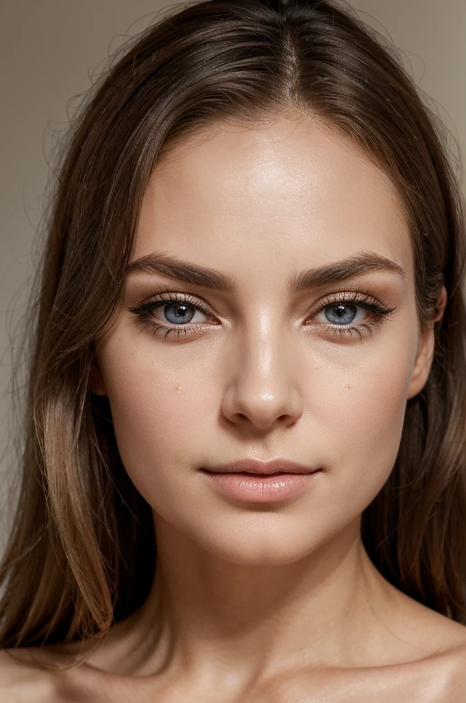 Create a hyper-realistic image of a woman's face. She has long, wavy blonde hair that falls gracefully around her shoulders. Her skin is fair, showcasing the natural signs of aging with fine lines and wrinkles. Her forehead has gentle horizontal lines, and crow's feet are visible around her striking, almond-shaped blue eyes. Her eyes are framed by long, dark eyelashes and finely arched eyebrows. She has a straight, delicate nose and high cheekbones that add definition to her face. Her lips are full and softly pink, showing slight vertical lines that come with age. Her expression is serene and wise, reflecting a lifetime of experiences. The lighting should accentuate the texture of her skin, highlighting both the smooth areas and the wrinkles, creating a lifelike appearance. She wears minimal makeup, with a touch of mascara and a nude lip gloss, enhancing her natural beauty. The background is softly blurred to keep the focus entirely on her detailed, expressive face