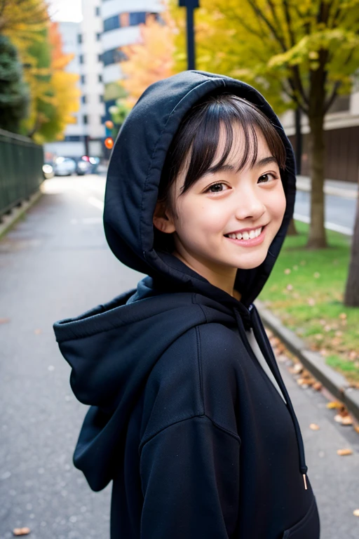Black hoodie,No hood,teeth,Smile only on the mouth,Black and large,short hair,Ears sticking out.Short,Staring,cute,15-year-old girl,Asian,Plump Cheeks,You are liked,Japanese,Small and high nose,Relatively dark