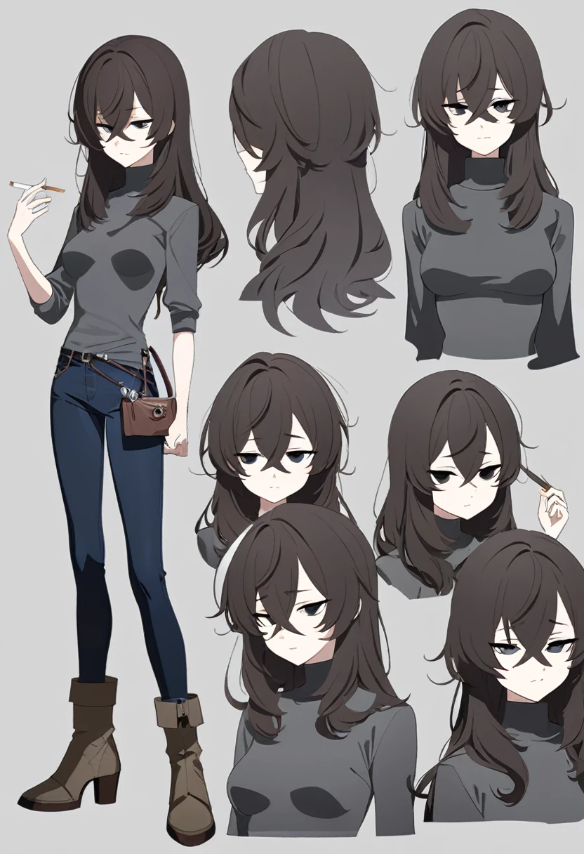 One Woman,Downer,older sister,Concept Art,Dark brown hair,Straight hair with slight inward curls,Staring eyes,Eye Ridge,black eye,Crossed bangs,whole body,smile,Slightly larger breasts,Gray background,Bangs that reach down to the eyes,Messy hair,Tight dark jeans,Gray turtleneck sweater,Multiple views of the same character,Character Design,Dark circles under the eyes,Bad look,Listless,Sloppy,Silver Jewelry,Cafe staff,Holding a cigarette,whole bodyCharacter Design,Detailed hands,Height: 170cm,boots,Fleshy body,