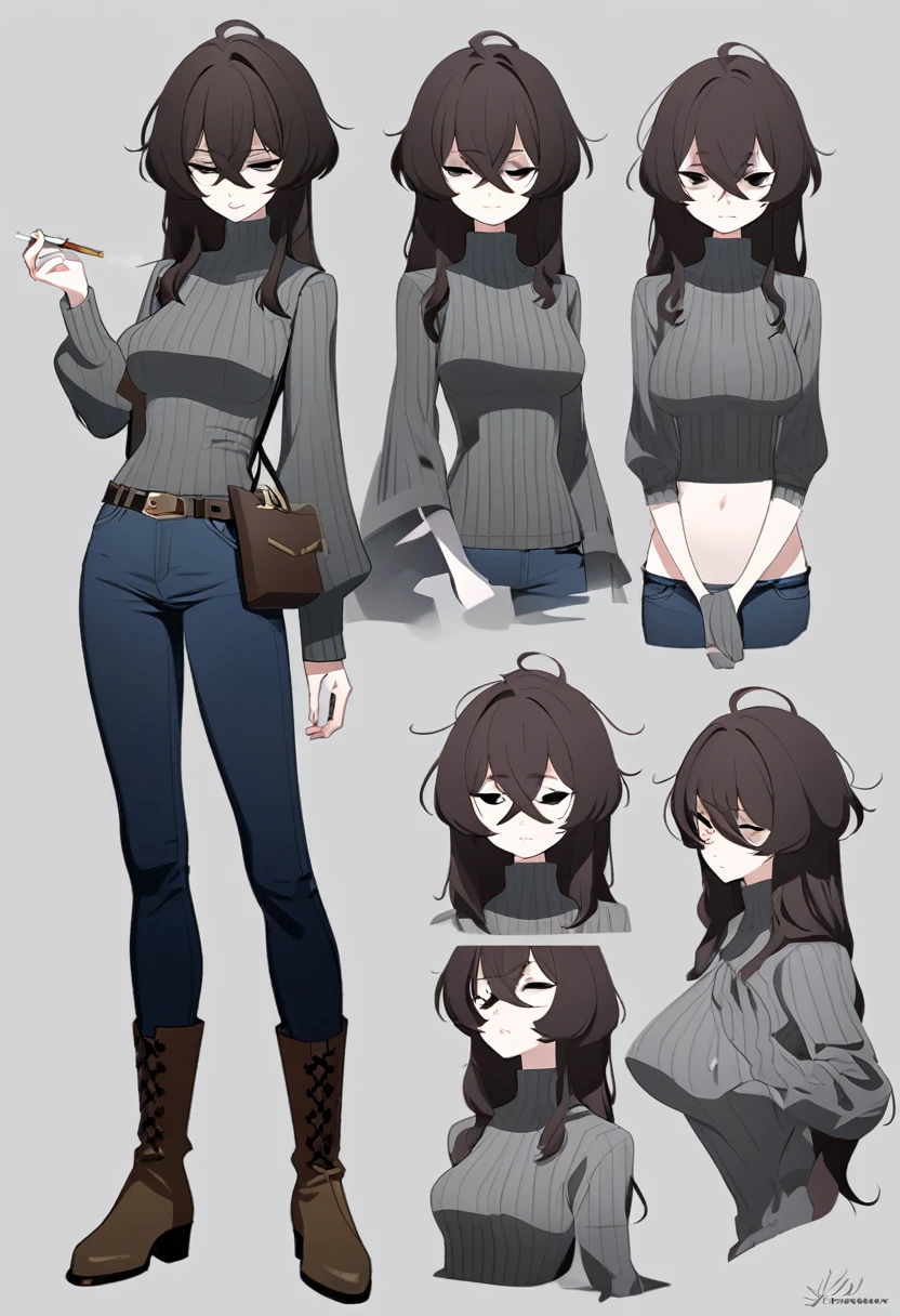 One Woman,Downer,older sister,Concept Art,Dark brown hair,Straight hair with slight inward curls,Staring eyes,Eye Ridge,black eye,Crossed bangs,whole body,smile,Slightly larger breasts,Gray background,Bangs that reach down to the eyes,Messy hair,Tight dark jeans,Gray turtleneck sweater,Multiple views of the same character,Character Design,Dark circles under the eyes,Bad look,Listless,Sloppy,Silver Jewelry,Cafe staff,Holding a cigarette,whole bodyCharacter Design,Detailed hands,Height: 170cm,boots,Fleshy body,