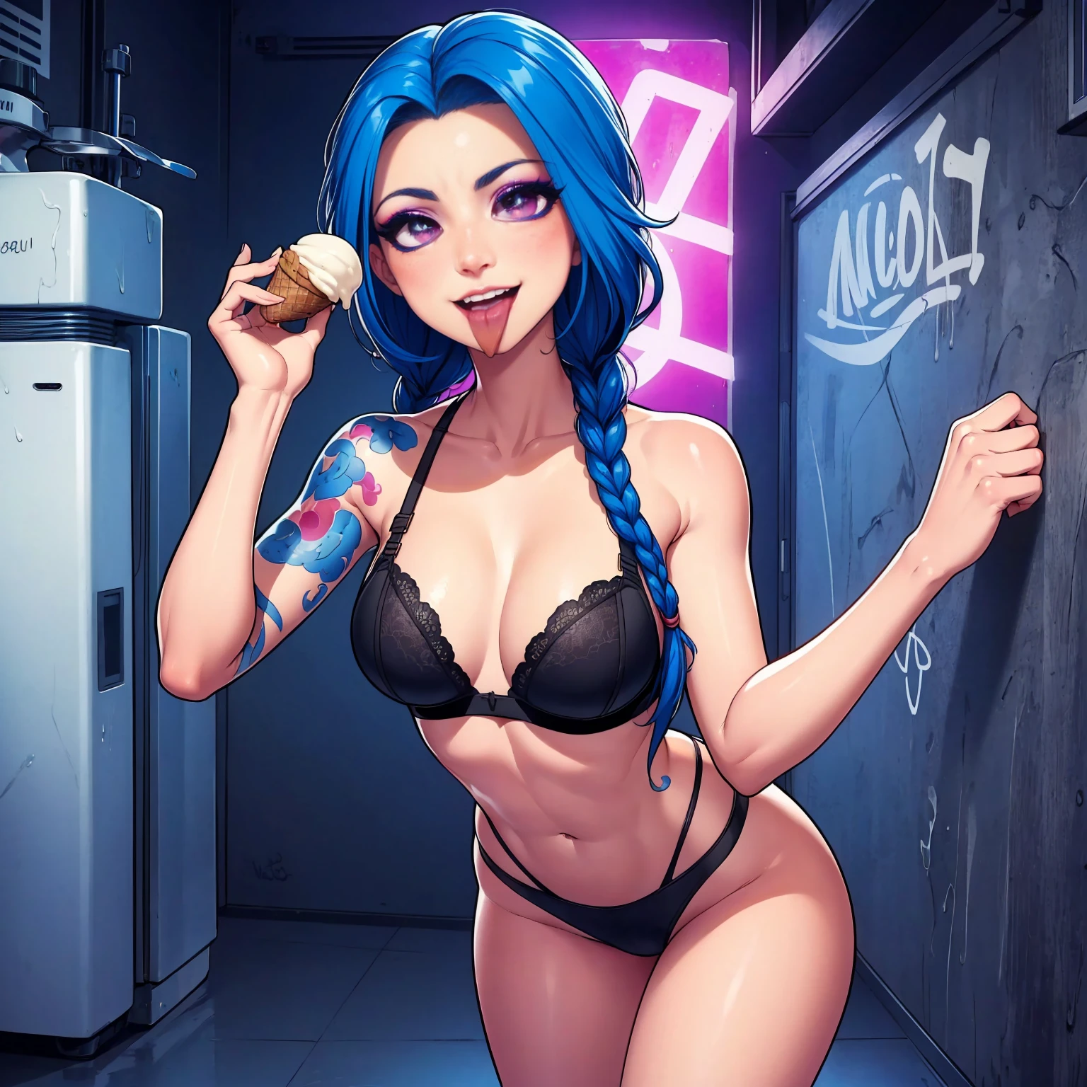 jinxlol, ((blue hair, twinbraid, glowing violet eyes, makeup, narrow waist, skinny, medium breasts, tattoos)), pelvic curtain, ((black panties, black bra)), full body, perfect body, (insanely detailed, beautiful detailed face, masterpiece, best quality) , (((solo))), (((1girl))), (((mature))), (extremely detailed 8k paper CG wall unit: 1.1), (night, Graffiti Walls, city), (smile crazy face for the viewer), , ice cream, holding ice cream, mouth open, tongue out, licking