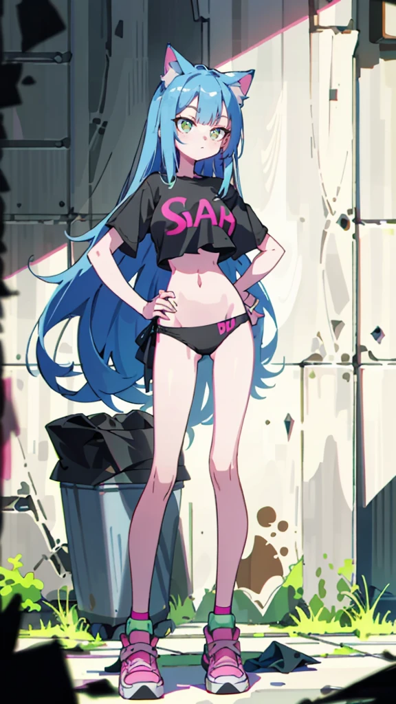 Masterpiece, best quality, high resolution, 1 woman, Long blue hair with pink stripes, smooth, green eyes, Bored face , cat ears , pink t-shirt , black bikini , abdomen, big breasts , Long legs , stand on your hips , canvas shoes , wall , Garbage bags 