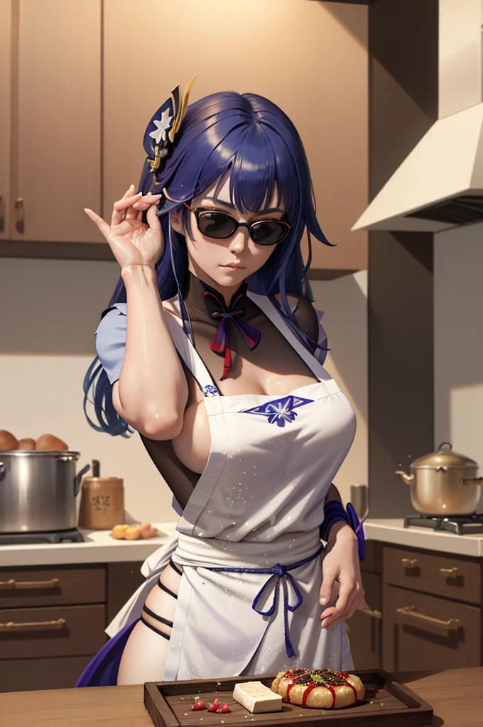 Highly detailed, High Quality, Masterpiece, beautiful, 1girl, solo, SaltBaeMeme, salt, sunglasses, Raiden_Shogun_\(genshin impact\), Raiden_Shogun:1.2, blue hair, long hair, kitchen, food, terrible food, kitchen hood, nude, large breasts, kitchen apron