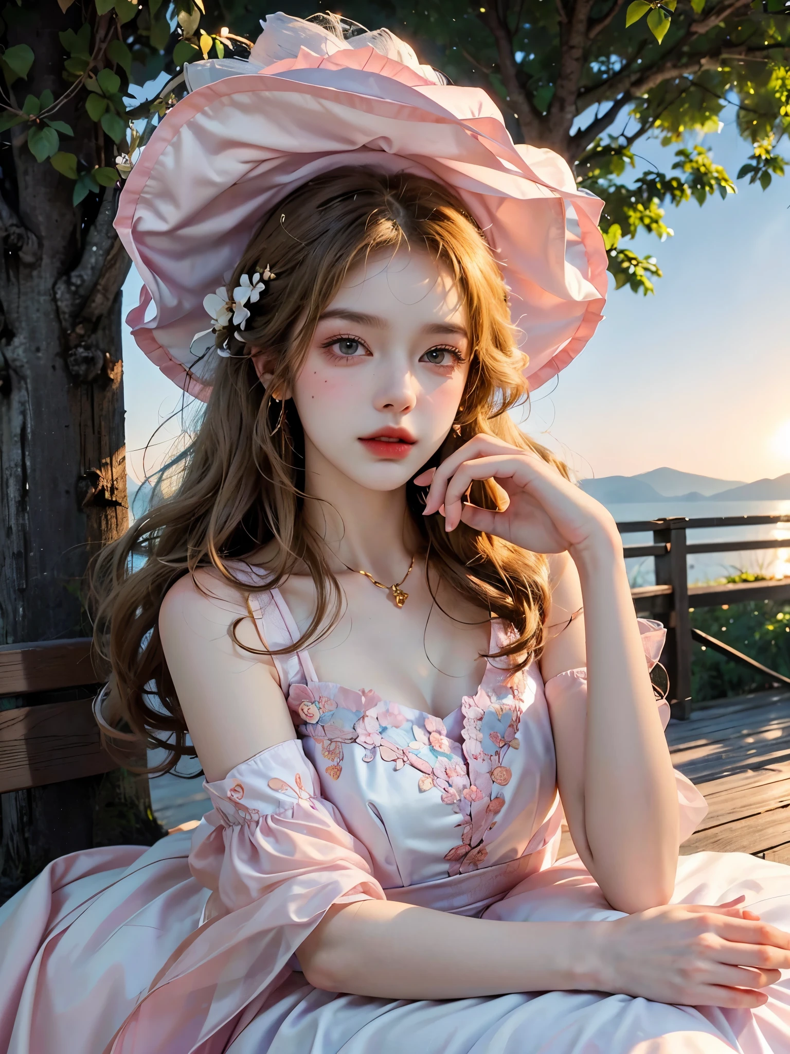Masterpiece, Best quality, high resolution, realistic , hyperrealism , lifelike photography ,1950s, portrait position, alluring beautiful full body shot, (curly blondish brunette long hair, blue cat-shaped eyes), white skin with freckles, beautiful pink flower hat, beautiful period dress with flower embroidery and details , beautiful golden necklaces & bracelets, elegant bearing, beautiful landscape background of a rose & lilac & orchid garden, high budget , beautiful mesmerizing face and small nose, long and curly sparkling hair , holding a beautiful orange stray cat , clivage , sunset , pink clouds , yellowish red rays at the horizon, elegant posing, beautiful legs, fit body, gorgeous Russian woman sitting on a park bench