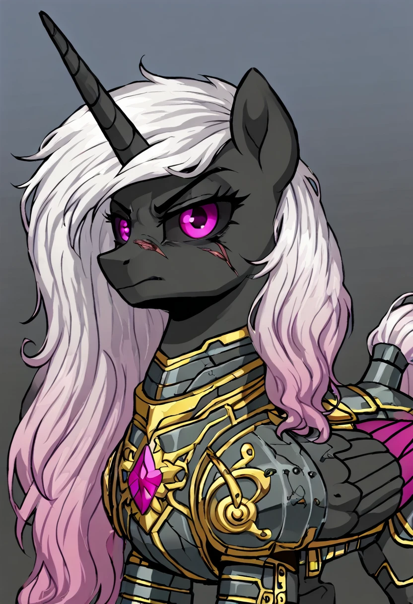 Alicorn , white mane,light blue cybernetic eyes, cybernetic body,black sclera ,black body color long flowing mane princess pony pink eyes badass damaged mad look,armor, war