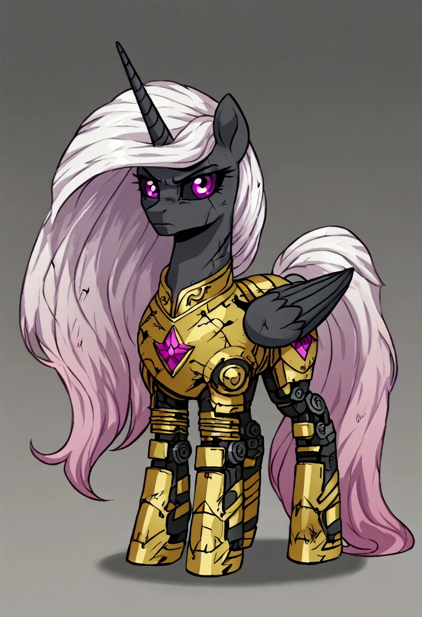 Alicorn , white mane,light blue cybernetic eyes, cybernetic body,black sclera ,black body color long flowing mane princess pony pink eyes badass damaged mad look,armor, war