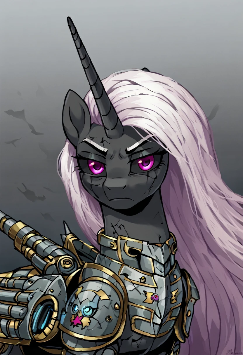 Alicorn , white mane,light blue cybernetic eyes, cybernetic body,black sclera ,black body color  long flowing  mane princess pony pink eyes badass damaged mad look,armor, war 