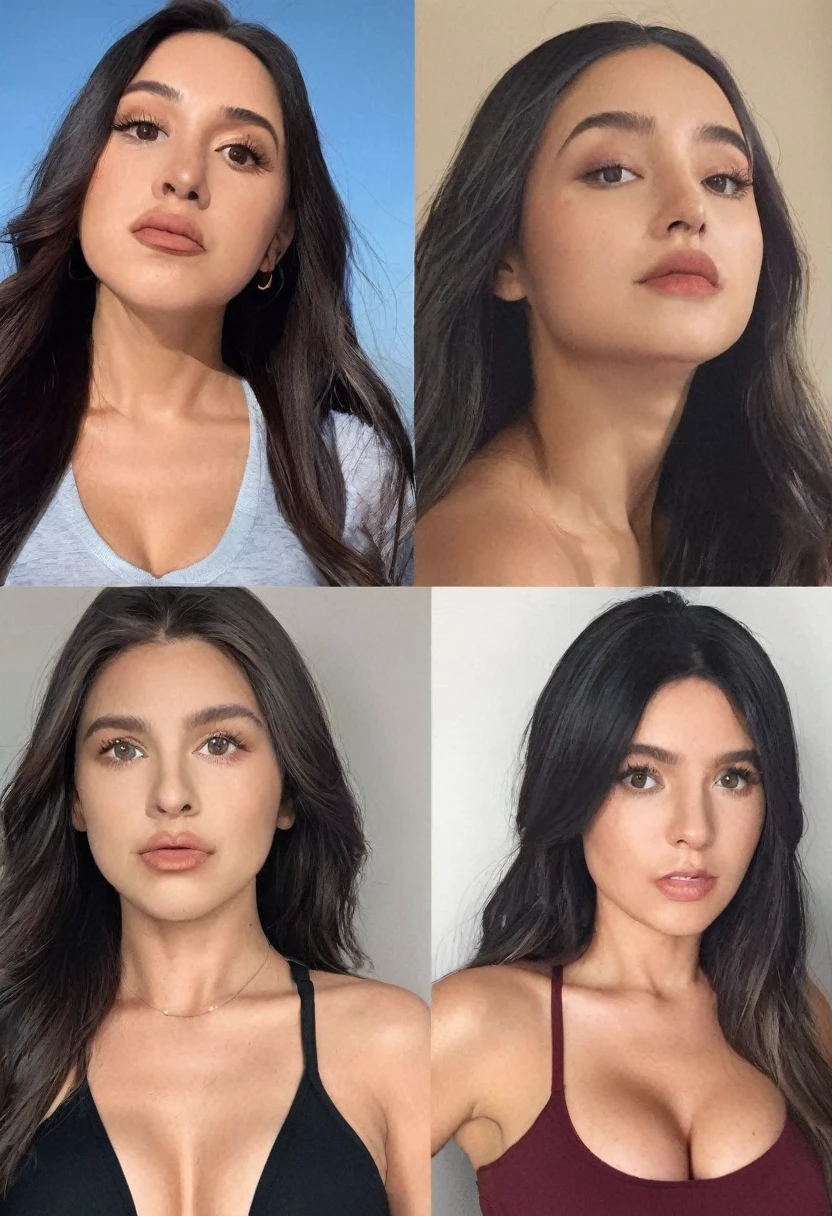 the photos of each progression of the social media influencer Ella Schnacky transformation starting at age of 18 then into her 28 then in her 38 and in her 48. the last progression is a curvaious large breasted dark haired loving mother