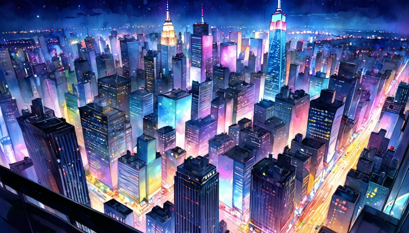 Night view of big city New York、light up、watercolor、pastel、Beautiful Neon、Night view from a high floor
