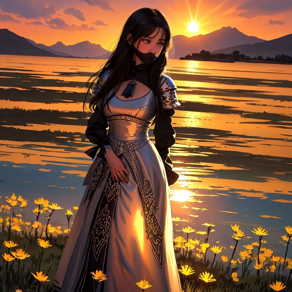 1 girl, serene expression, mesmerizing eyes, wearing black full black knight armor and full-face knight helmet, wearing black mask, standing in the middle of a vast flower field, angry face, black hair, blue eyes, poised posture, porcelain skin, subtle blush, crystal pendant BREAK golden hour, (rim lighting):1.2, warm tones, sun flare, soft shadows, vibrant colors, painterly effect, dreamy atmosphere BREAK scenic lake, distant mountains, willow tree, calm water, reflection, sunlit clouds, peaceful ambiance, idyllic sunset, ultra detailed, official art, unity 8k wallpaper , zentangle, mandala, angry face