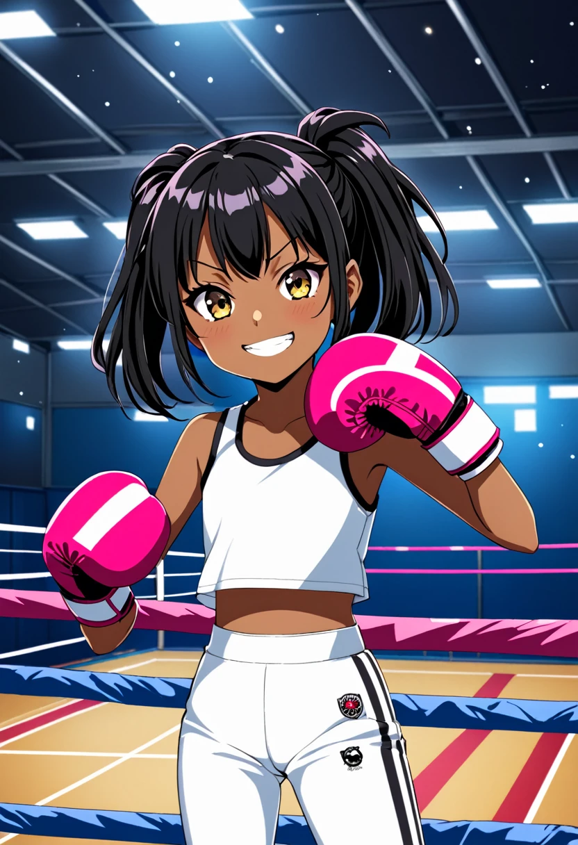 2D anime picture, (anime style 1), single school girl, 10 years old, sadistic, Japanese, smirks at the viewer, beautiful long black hairstyle, dark skin in white high neck crop top, in white leggings, in pink boxing gloves стоит возле боксёрском ринге, in empty gym, night