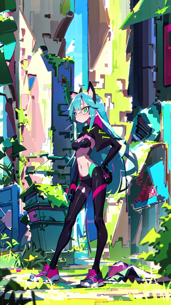 Masterpiece, best quality, high resolution, 1 woman, Long blue hair with pink stripes, smooth, green eyes, Bored face , cat ears , pink t-shirt , black bikini , abdomen, big breasts , Long legs , stand on your hips , canvas shoes , wall , Garbage bags 