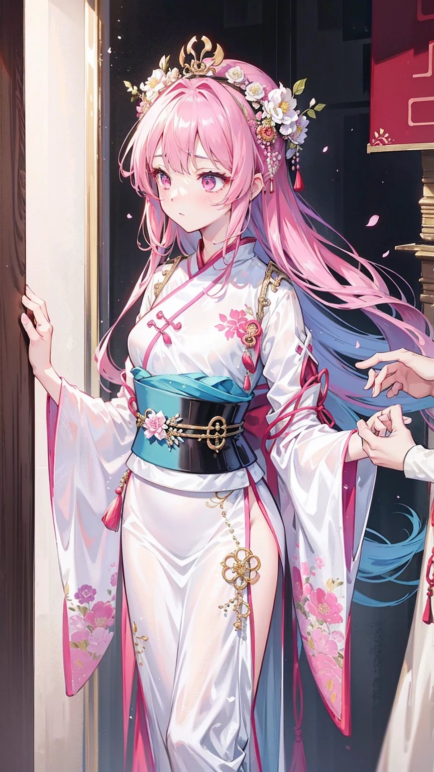 Wearing a pink dress、Alafi woman wearing a flower crown, Color photos inspired by Lanying, cg Social Hotspot, realism, hanfu, palace , Girl wearing Hanfu, ancient Chinese Princess, Beautiful fantasy queen, Chinese Art Style, Asian Dynasty Princess, Chinese Queen, White Hanfu, Chinese Princess,look down,