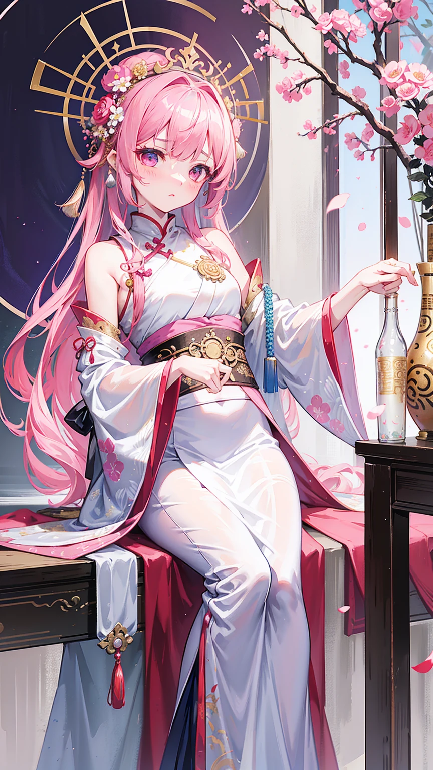 Wearing a pink dress、Alafi woman wearing a flower crown, Color photos inspired by Lanying, cg Social Hotspot, realism, hanfu, palace , Girl wearing Hanfu, ancient Chinese Princess, Beautiful fantasy queen, Chinese Art Style, Asian Dynasty Princess, Chinese Queen, White Hanfu, Chinese Princess,look down,
