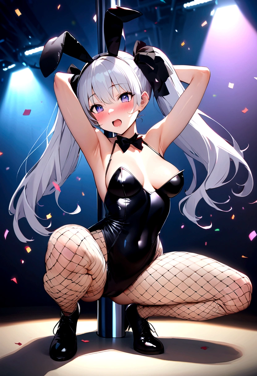 naked、Highest quality、Best image quality、masterpiece、8 kilometers、Girls Vs.((、Best Bust、Medium Bust))、nsfw、(Blushing:1.3)、Beautiful breasts、steam、A heart floats in the depths of your eyes、Be in heat、1girl,(pole dancing:1.2),squatting,open legs,arms behind head,stage,confetti、Black Hair、Twin tails、On the bed、(Black Bunny Girl Costume)、Fishnet tights、