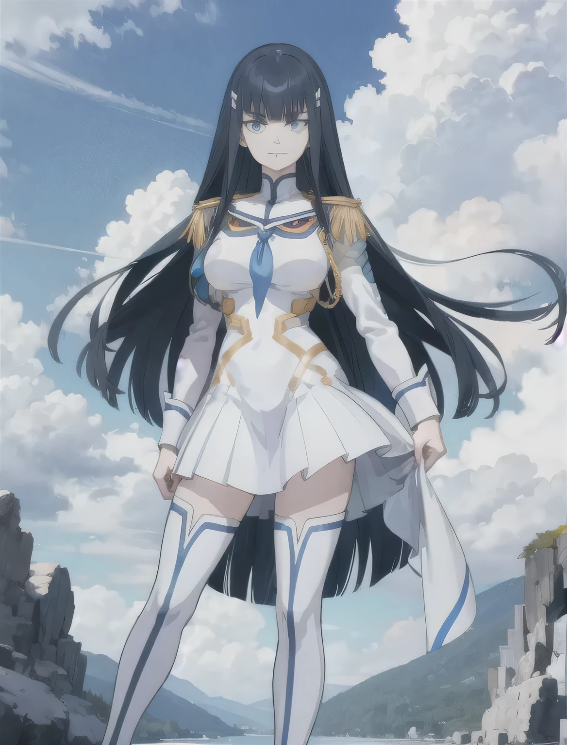 
                            masterpiece, high quality, best quality, 1girl, (muscular female:1.0), (super gigantic breasts:1.0), (closed mouth, half smile), kiryuin satsuki, blue eyes, epaulettes, hairclip, , skirt, white thigh boots, anime screencap, anime key visual, (fully clothed:1.0), full body 